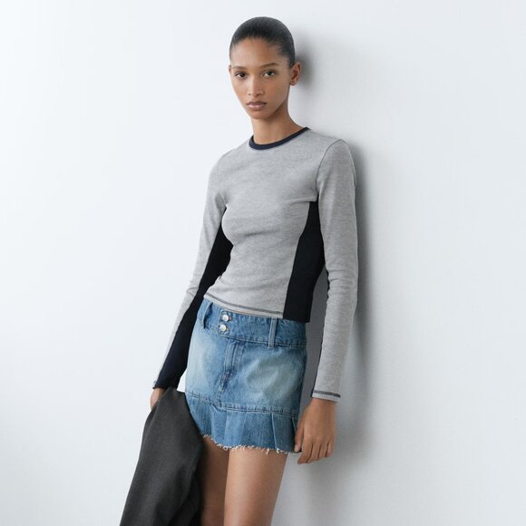 Mango Cotton long sleeve t-shirt cropped top contrasting panels S gray dark navy - Picture 7 of 7